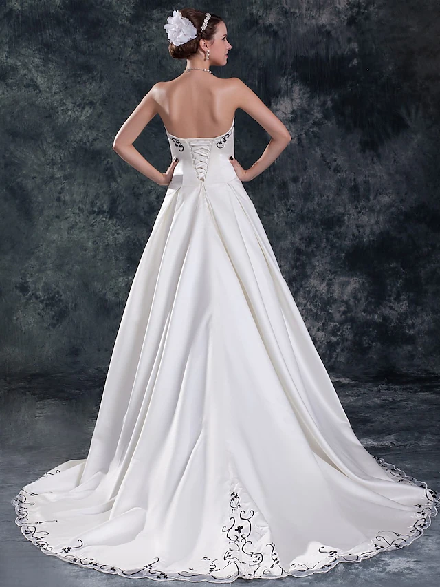 A-Line Wedding Dresses Strapless Court Train Organza Satin Strapless with Embroidery With Flower