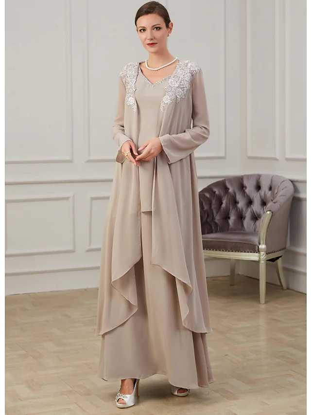 A-Line Mother of the Bride Dress Elegant Jewel Neck Floor Length Polyester Long Sleeve