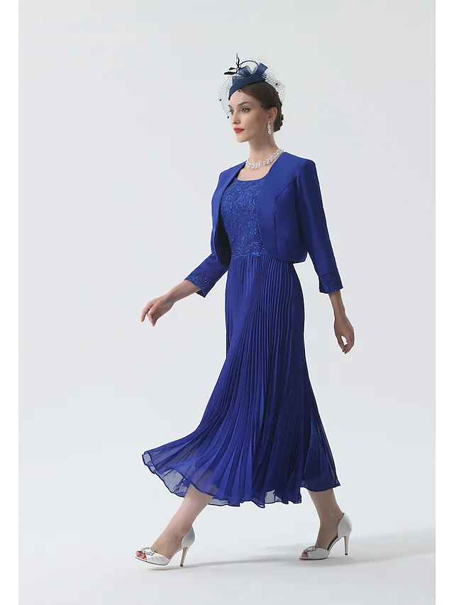 Two Piece Mother of the Bride Dress Elegant & Luxurious Wrap Included Scoop Neck Tea Length Chiffon 3/4 Length Sleeve with Lace