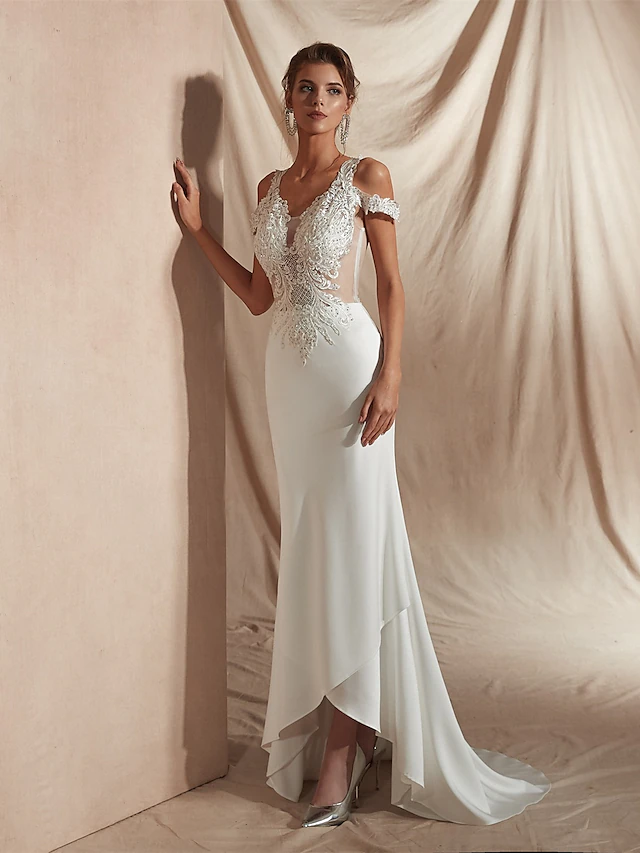 Mermaid Trumpet Wedding Dresses V Neck Asymmetrical Matte Satin Short Sleeve Casual Sexy Illusion Detail Modern
