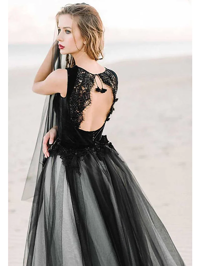 A-Line Wedding Dresses Scoop Neck Court Train Lace Tulle Regular Straps Black Modern with Appliques Long