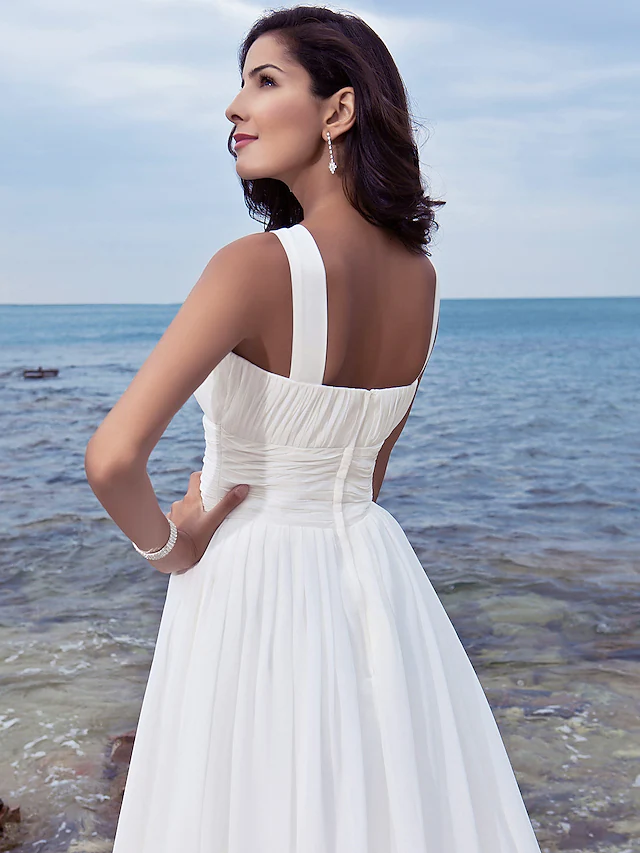 A-Line Wedding Dresses Jewel Neck Chiffon Regular Straps Formal Beach Plus Size with Ruched