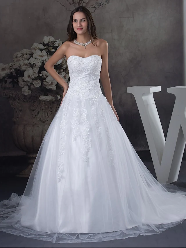 A-Line Wedding Dresses Strapless Court Train Lace Tulle Strapless with Beading