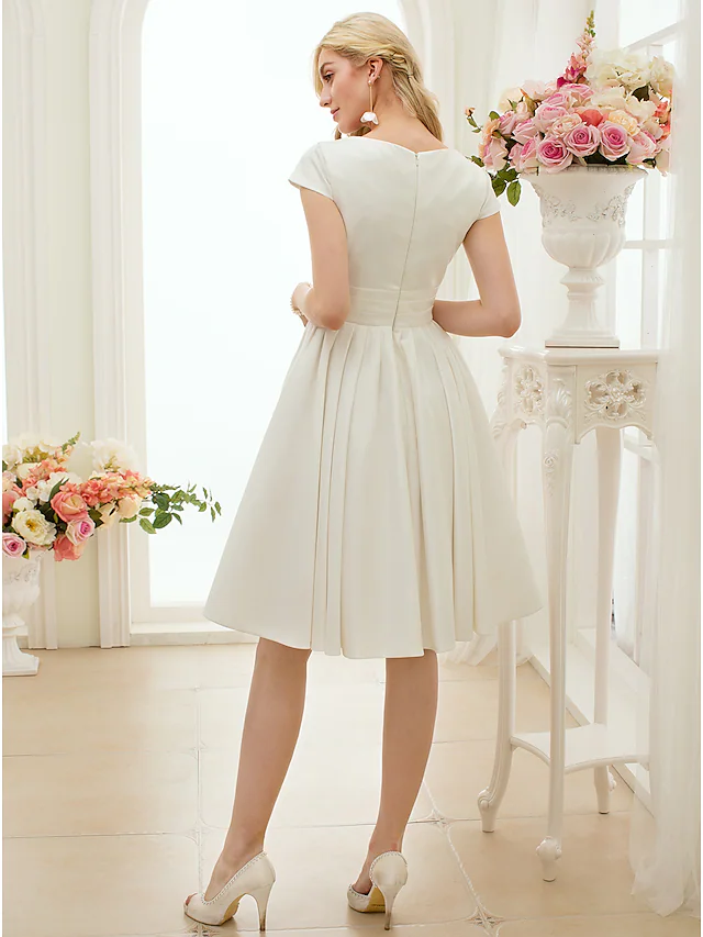 A-Line Wedding Dresses Jewel Neck Knee Length Satin Short Sleeve Formal Simple Casual Little White Dress with Sash