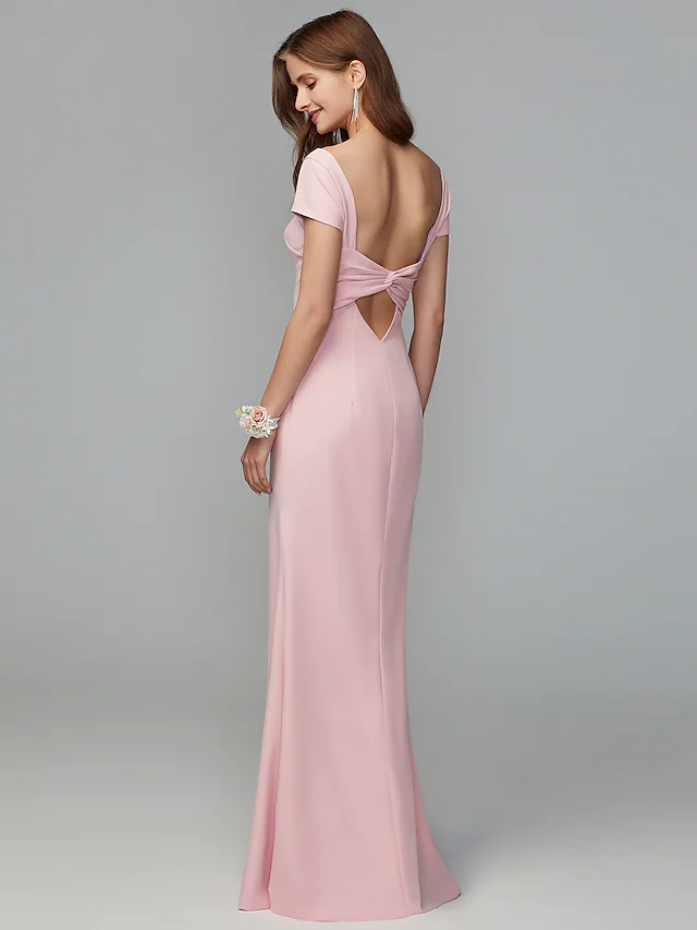 Scoop Neck Floor Length Jersey Bridesmaid Dress with Criss Cross Draping Open Back Pure Color