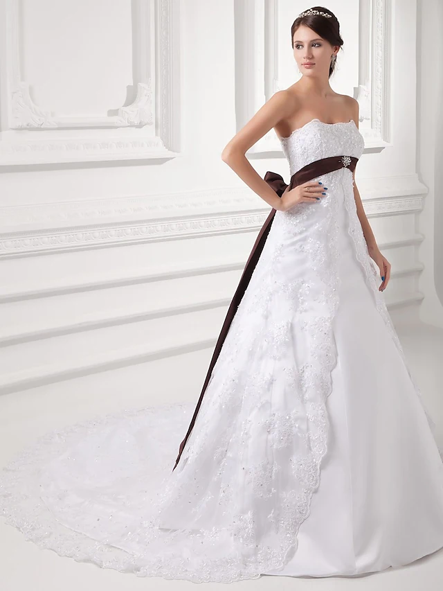 A-Line Wedding Dresses Strapless Chapel Train Lace Satin Tulle Strapless with Sashes Ribbons Bow(s)