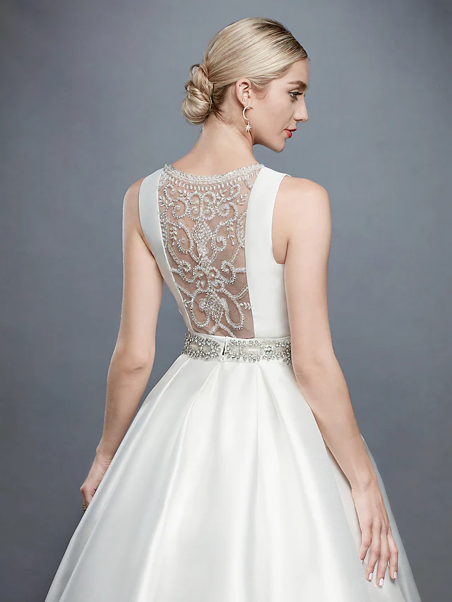 Ball Gown Wedding Dresses Bateau Neck Court Train Lace Satin Regular Straps Formal Backless with Lace Sash Ribbon