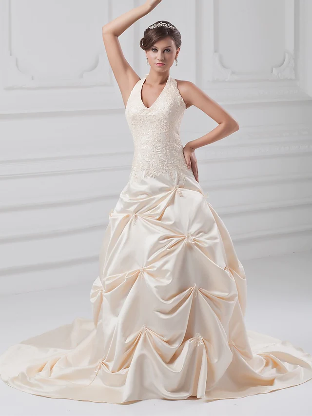 A-Line Wedding Dresses Halter Neck Chapel Train Lace Satin Regular Straps with Pick Up Skirt Beading