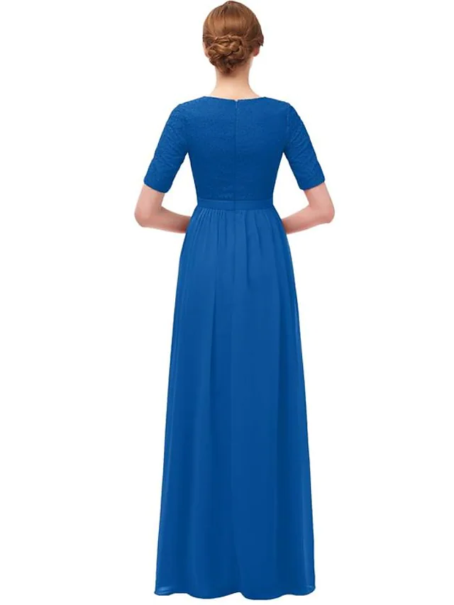A-Line Floor Length Chiffon Bridesmaid Dress with Pleats Ruffles Split Front Pure Color