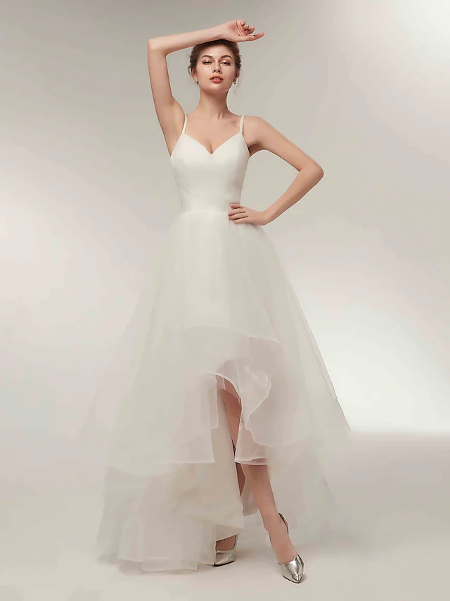 A-Line Wedding Dresses V Neck Asymmetrical Tulle Spaghetti Strap Simple Casual Little White Dress
