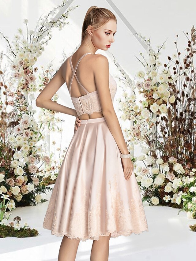 A-Line Reformation Amante Sexy Engagement Cocktail Party Dress Jewel Neck Sleeveless Short Mini Lace Satin