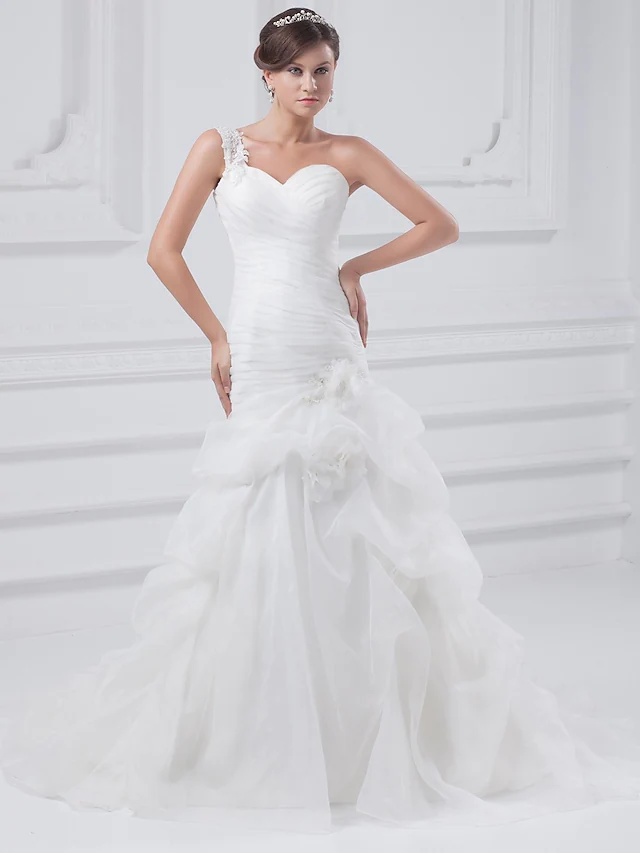 A-Line Wedding Dresses One Shoulder Court Train Organza Satin Spaghetti Strap with Pick Up Skirt Ruched