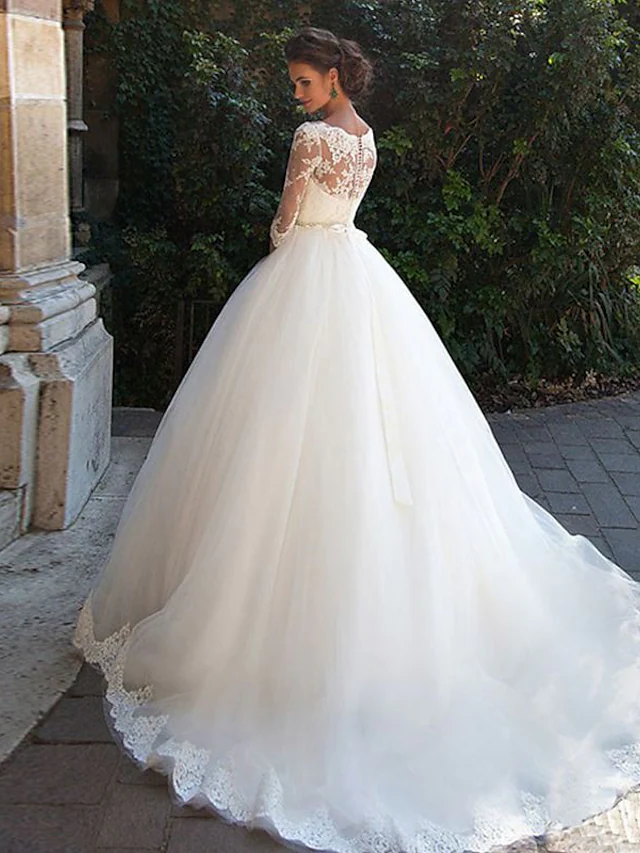 A-Line Wedding Dresses Off Shoulder Court Train Lace Tulle Length Sleeve Formal Sexy Illusion Sleeve