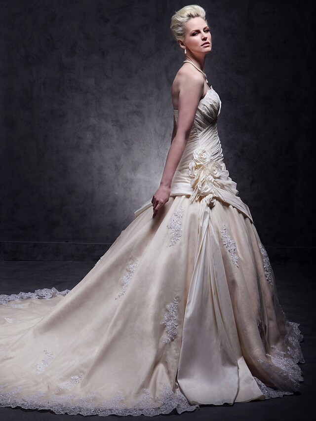 A-Line Wedding Dresses Strapless Cathedral Train Taffeta Beaded Lace Strapless Glamorous Plus Size with Beading Lace Insert