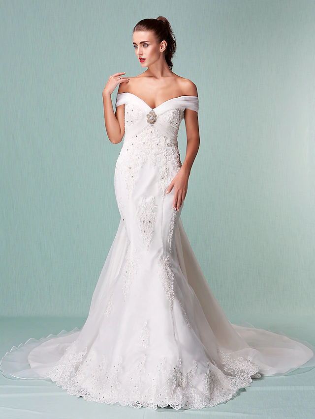 Wedding Dresses Off Shoulder Chapel Train Organza Short Sleeve with Beading Appliques Crystal