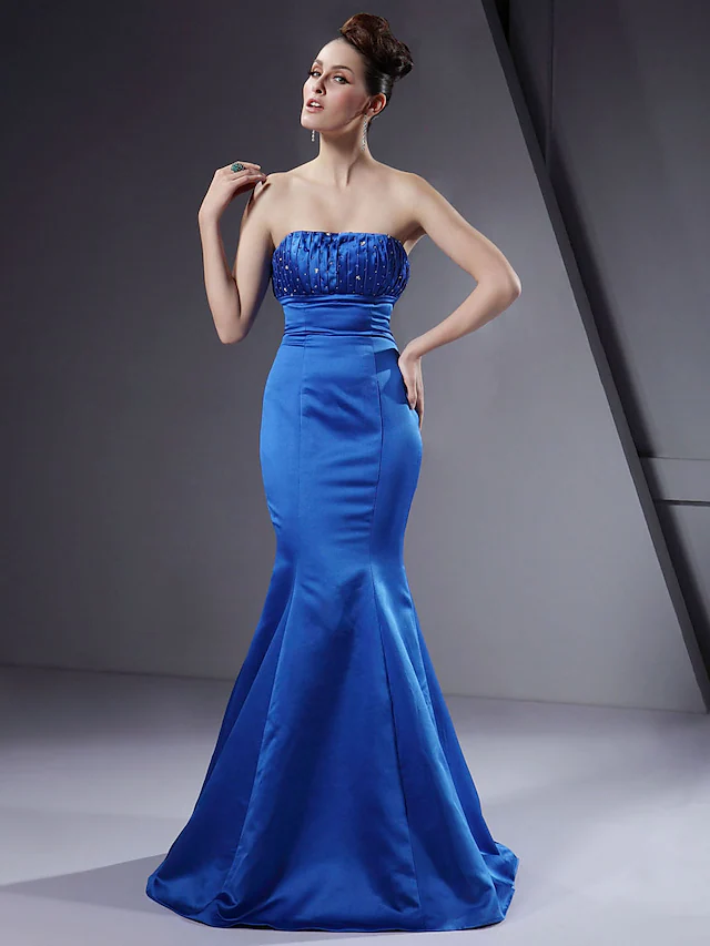 Strapless Floor Length Satin Bridesmaid Dress with Beading Draping Off Shoulder