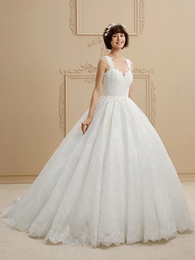 Ball Gown Wedding Dresses Sweetheart Neckline Tulle All Over Lace Regular Straps Glamorous Illusion Detail