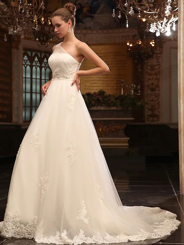 Princess A-Line Wedding Dresses One Shoulder Court Train Satin Tulle Sleeveless Long