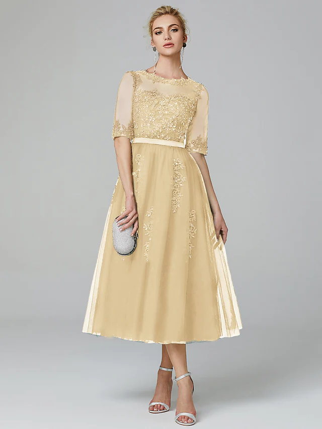 A-Line Sparkle Wedding Guest Formal Evening Dress Illusion Neck Sleeveless Tea Length Lace Over Tulle with Sequin