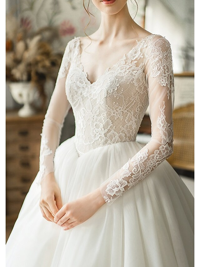 Ball Gown Wedding Dresses V Neck Chapel Train Tulle Long Sleeve Formal with Pleats