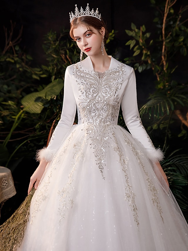 Princess Ball Gown Wedding Dresses V Neck Floor Length Lace Tulle Long Sleeve Romantic Sparkle & Shine