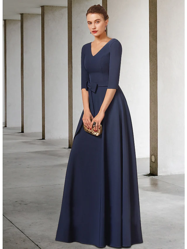 Mother of the Bride Dress Elegant V Neck Floor Length Stretch Fabric Half Sleeve with Sash Ribbon Bow(s)