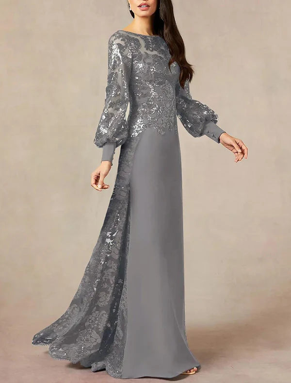 A-Line Mother of the Bride Dress Formal Wedding Guest Elegant Jewel Neck Floor Length Chiffon Sequined Long Sleeve with Sequin Sparkly