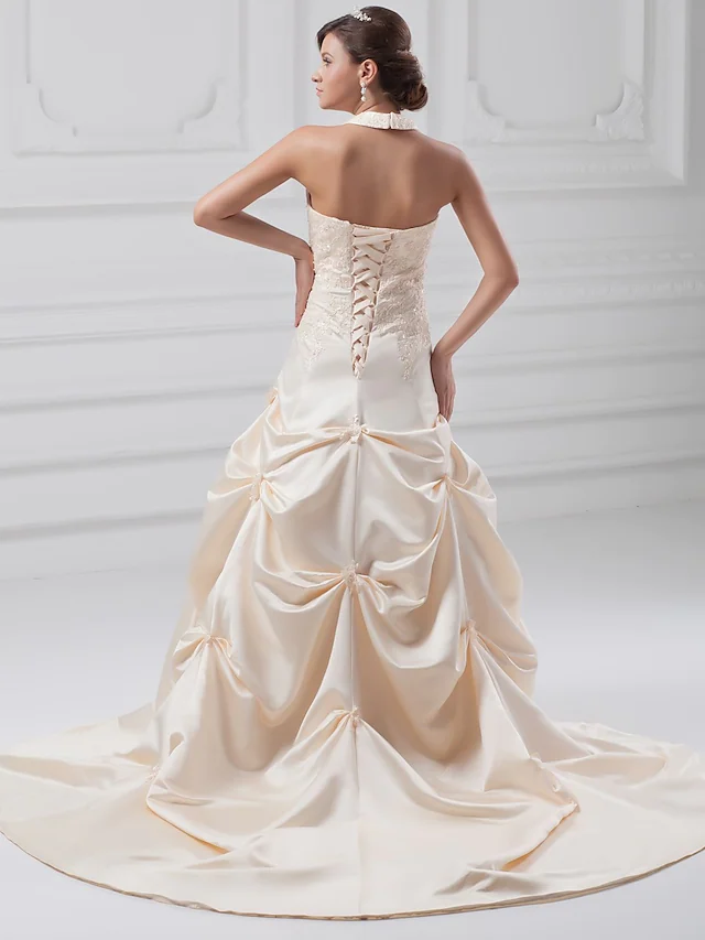 A-Line Wedding Dresses Halter Neck Chapel Train Lace Satin Regular Straps with Pick Up Skirt Beading