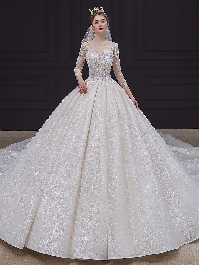 Princess Ball Gown Wedding Dresses Jewel Neck Chapel Train Lace Tulle Sequined Long Sleeve Formal Romantic Luxurious Sparkle & Shine