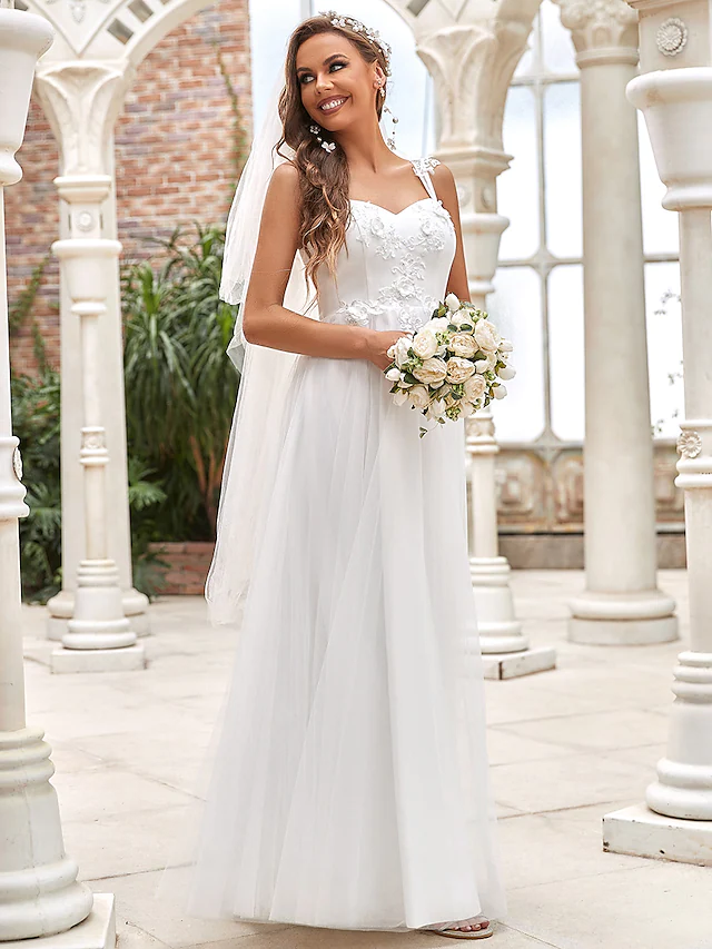 A-Line Wedding Dresses Sweetheart Neckline Floor Length Lace Tulle Sleeveless Romantic Simple with Lace Draping