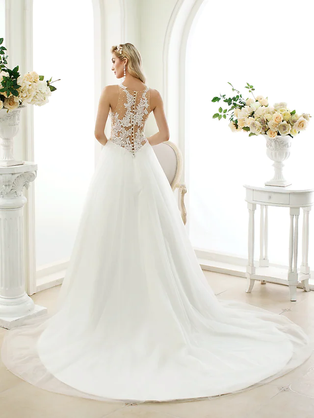 Ball Gown Wedding Dresses Jewel Neck Chapel Train Lace Tulle Lace Over Tulle Regular Straps See-Through Beautiful Back with Buttons