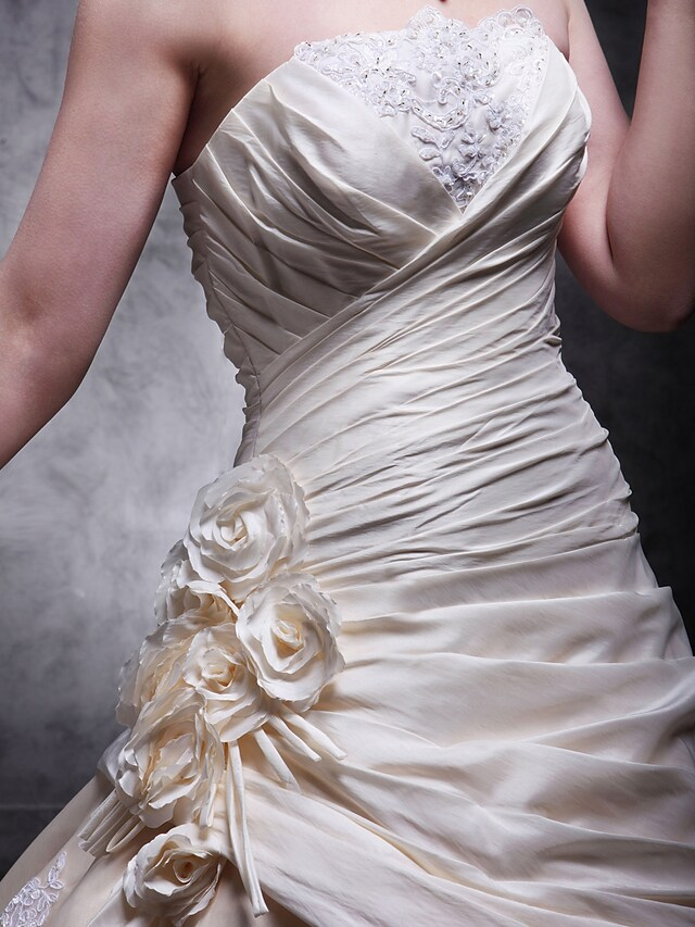 A-Line Wedding Dresses Strapless Cathedral Train Taffeta Beaded Lace Strapless Glamorous Plus Size with Beading Lace Insert