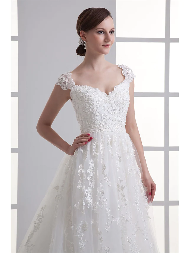 A-Line Wedding Dresses Sweetheart Neckline Court Train Lace Satin Tulle Cap Sleeve with Beading