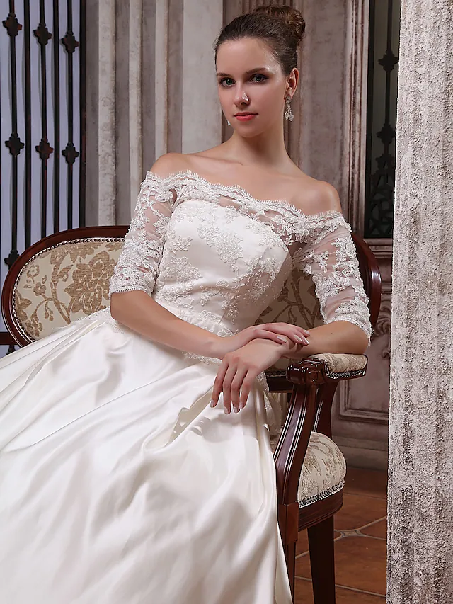 Ball Gown Wedding Dresses Scalloped-Edge Off Shoulder Court Train Satin Half