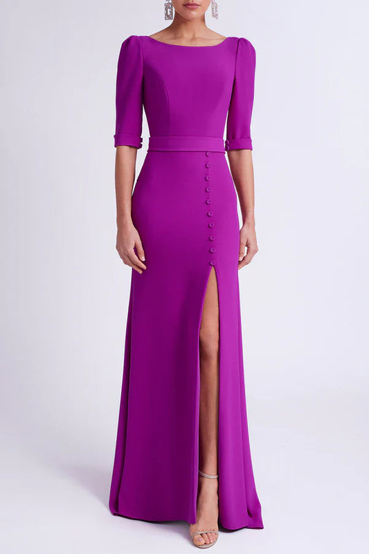 Spoon half sleeved satin empire slit mother of the bride dresses Evening Dresses With Slit