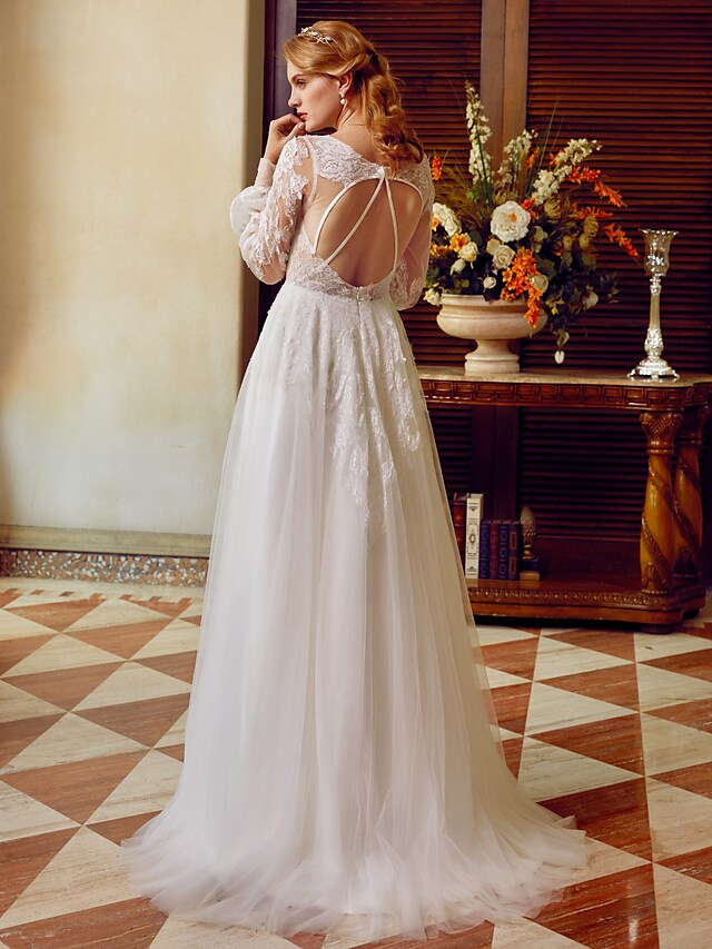 A-Line Wedding Dresses V Neck Lace Tulle Long Sleeve See-Through Pure Color