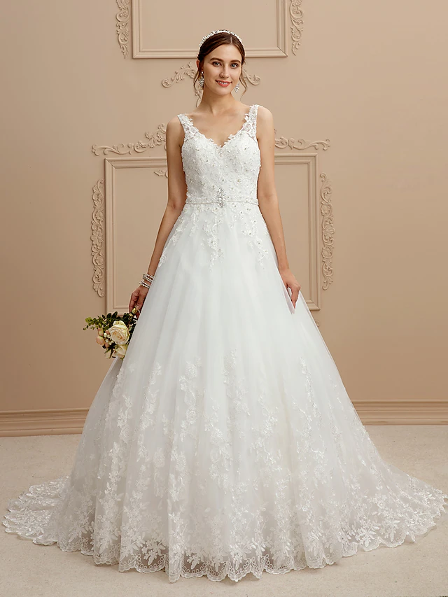Ball Gown Wedding Dresses V Neck Court Train Tulle Beaded Lace Lace Over Tulle Spaghetti Strap Glamorous Illusion Detail Backless with Beading