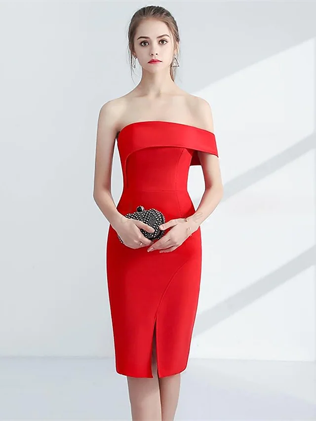 Minimalist Elegant Engagement Cocktail Party Dress Strapless Sleeveless Knee Length Stretch Fabric with Sleek