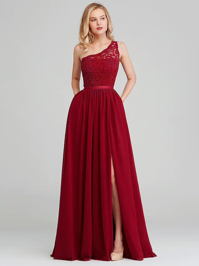 A-Line One Shoulder Long Length Chiffon Lace Bridesmaid Dress with Sash Ribbon Sexy