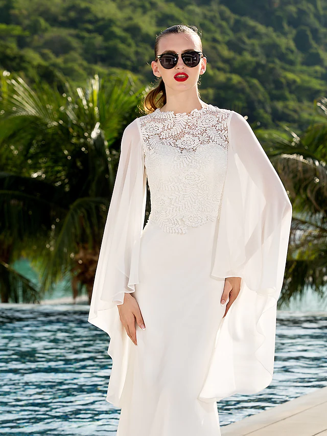 Wedding Dresses V Neck Court Train Chiffon Long Sleeve with Beading Pure Color