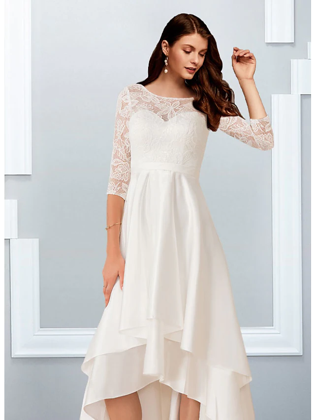 A-Line Wedding Dresses Jewel Neck Asymmetrical Chiffon Lace Half Sleeve Simple Beach with Cascading