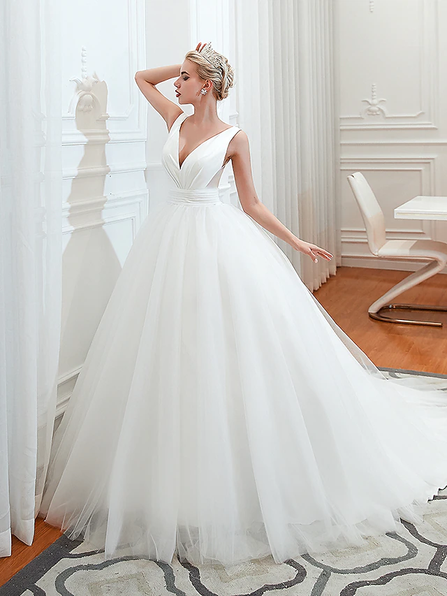 Ball Gown Wedding Dresses V Neck Court Train Tulle Regular Straps Simple Glamorous Backless