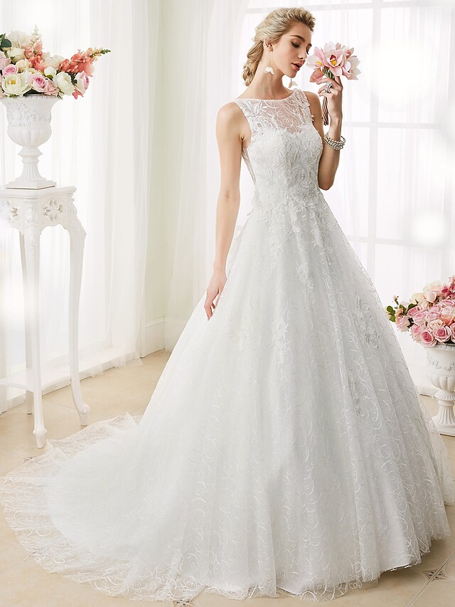 Ball Gown Wedding Dresses Bateau Neck Court Train Beaded Lace Regular Straps See-Through Beautiful Back with Beading