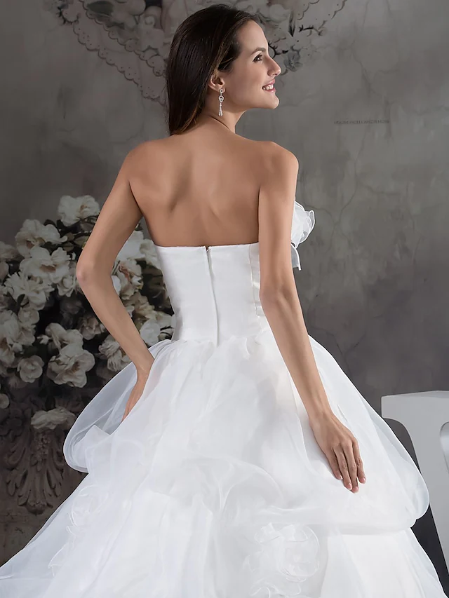 A-Line Wedding Dresses Strapless Chapel Train Organza Satin Strapless with Pick Up