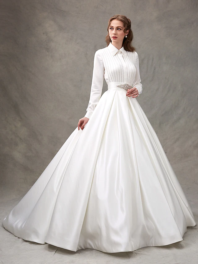 Ball Gown Wedding Dresses High Neck Satin Long Sleeve Glamorous Sparkle & Shine with Bowknot Sash Ribbon