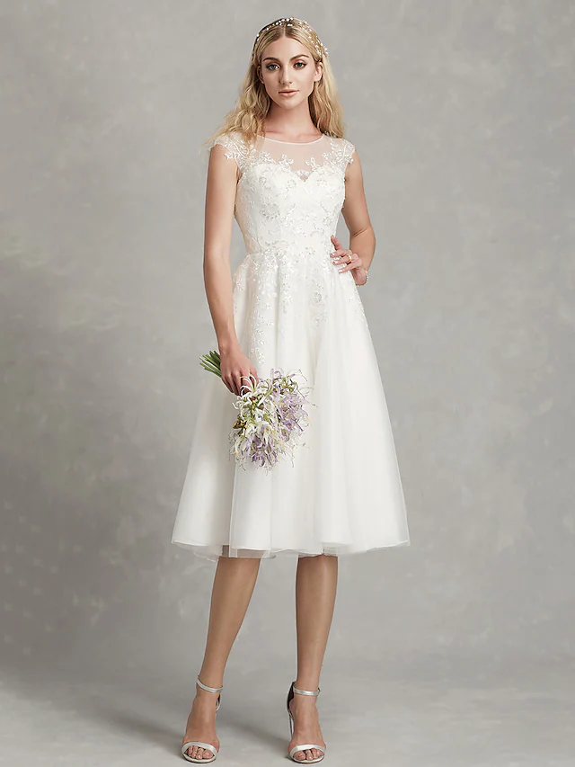 A-Line Wedding Dresses Jewel Neck Tea Length Lace Tulle Cap Sleeve Beautiful Back with Appliques Short