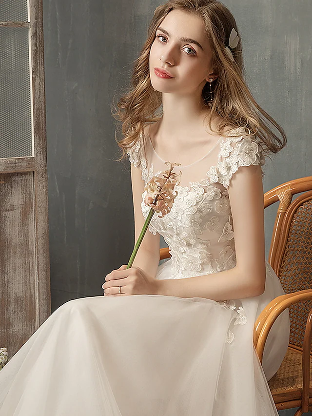Princess A-Line Wedding Dresses Jewel Neck Lace Tulle Cap Sleeve Country Romantic with Pleats