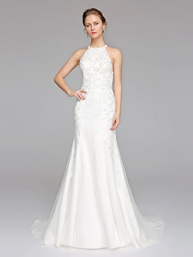 Wedding Dresses Halter NeckLace Over Tulle Regular Straps Sexy Illusion Detail