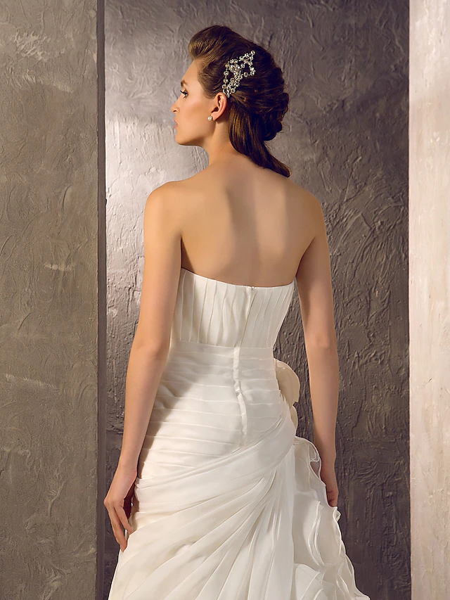 Wedding Dresses Strapless Court Train Organza Sleeveless with Flower Cascading Ruffle