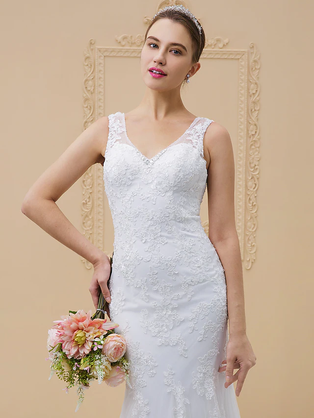 Wedding Dresses V Neck Chapel Train Tulle All Over Lace Lace Over Tulle Regular Straps Sexy Illusion Detail Backless with Beading